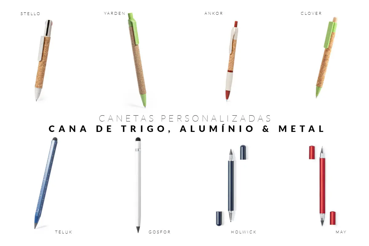 8 tipos de canetas diferentes de diferentes materiais