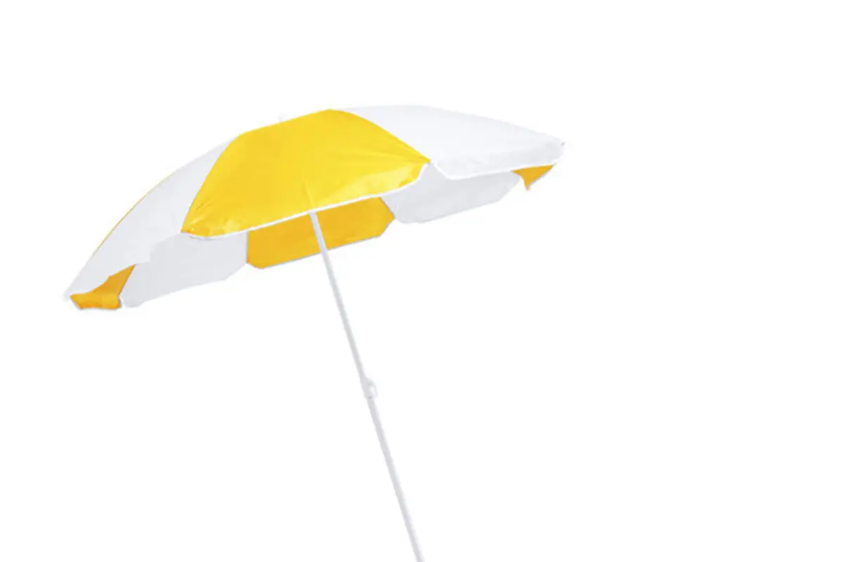 guarda-sol amarelo e branco com tubo de metal em branco